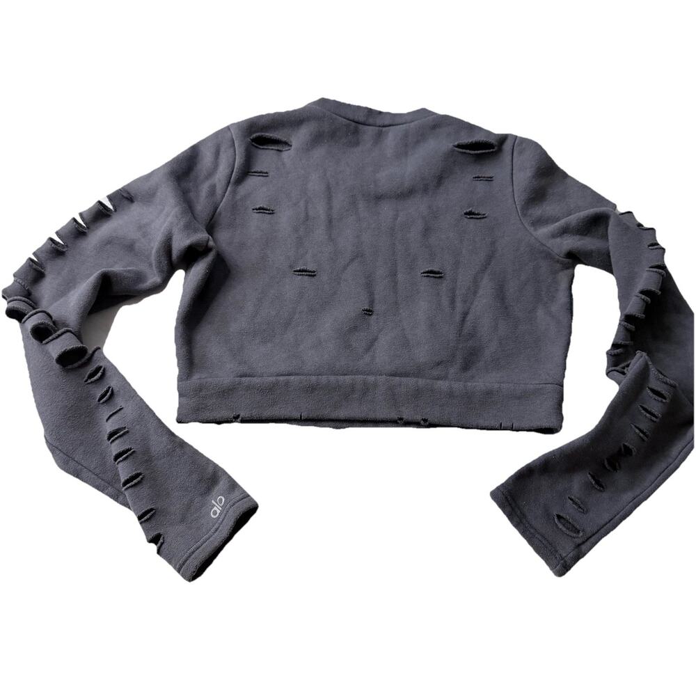 ALO Yoga Ripped Warrior Gray Crop Long Sleeve‎ Sweatshirt Pullover Top Sz Small